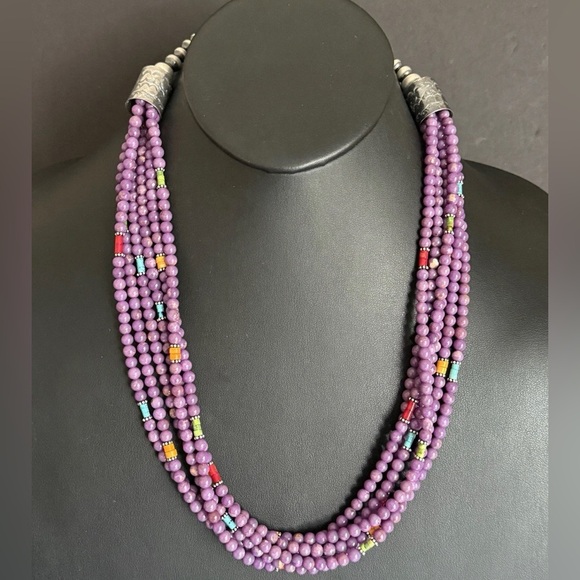 Sterling Silver Multi Strand Stone Purple Pearls Bead Necklace. 24 inch
